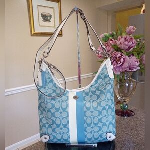 COACH SIGNATURE STRIPED CHELSEA HOBO BAG – BLUE/WHITE NO. F14476